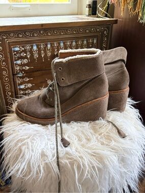 kate spade Taupe Suede Wedge Ankle Boots with Shearling Trim